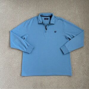 Men’s Chaps blue long-sleeve quarter-zip pullover, size Large. Flaws as shown.